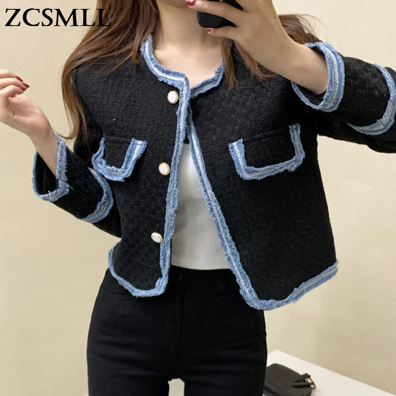 

ZCSMLL Korean Autumn and Winter Temperament Elegant Round Neck Contrast Trim Single-breasted Loose Long Tweed Short Coat Women
