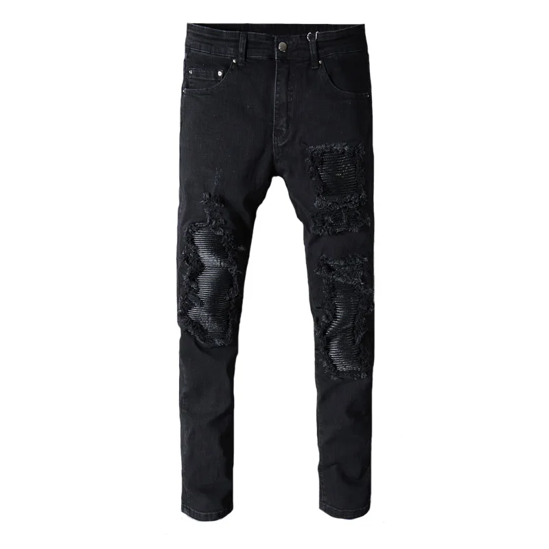 American Street Fashion Men Jeans Black Color Elastic Slim Fit Ripped Jeans Men Leather Patch Designer Hip Hop Denim Punk Pants