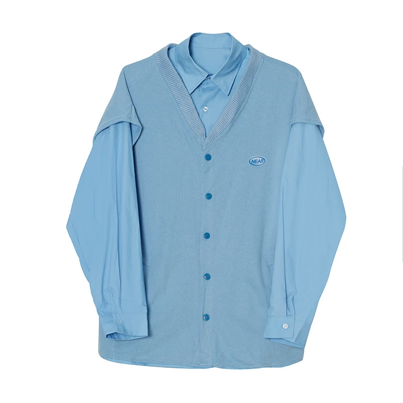 

IEFB Men's Clothing 2021 Spring New Blouse Korean Trend Fake Two Piece Patchwork Design Man's Shirt Oversize Tops Label 9Y5850