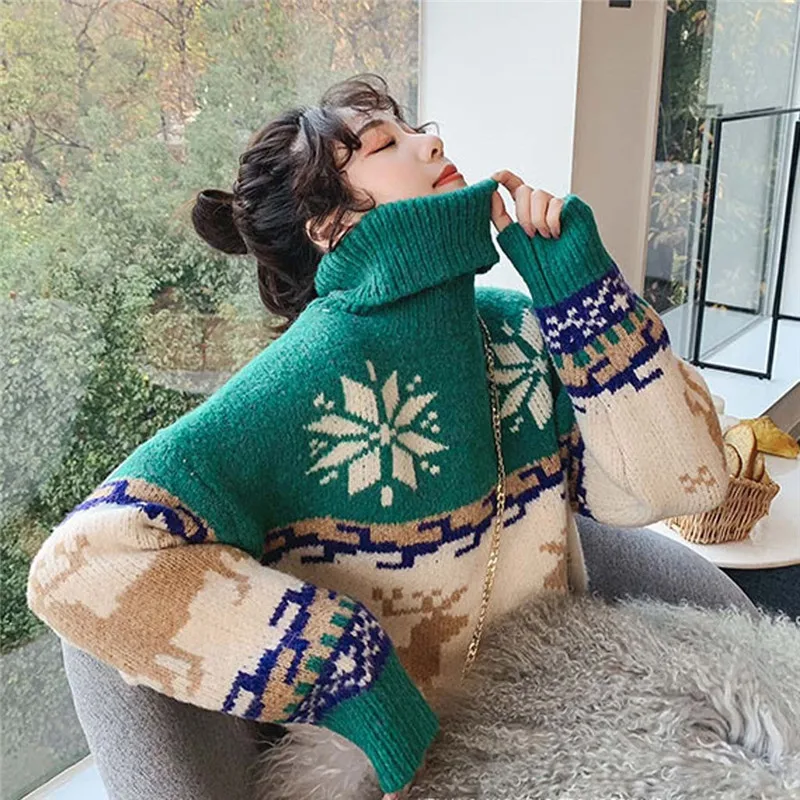 Рождественский свитер Женский пуловер с высоким воротником трикотажные топы