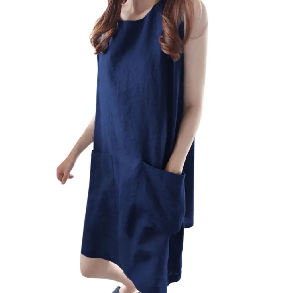 Summer Dress Women Cotton Linen Sleeveless Beach Solid Dress Casual Pocket Loose Dress Female Plus Size Dress Fashion Vestidos