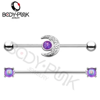 body punk 14g surgical steel industrial piercings 2pcsset barbell helix tragus stud cartilage earrings moon purple stone women