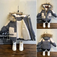 winter boys coat 2021 new baby fur collar hooded cotton plus velvet thicken warm jacket for childrens coat for boys 2 8years