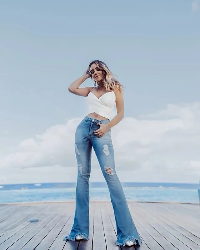 

FOLOBE Fashion Casual High Waisted Denim Flare Pants Jeans Womens Solid Loose Jeans Hole Trousers 2020 Autumn