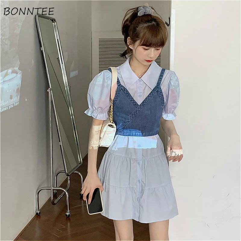 

Женское джинсовое платье с пышными рукавами, однобортное ТРАПЕЦИЕВИДНОЕ ПЛАТЬЕ в Корейском стиле, для отдыха