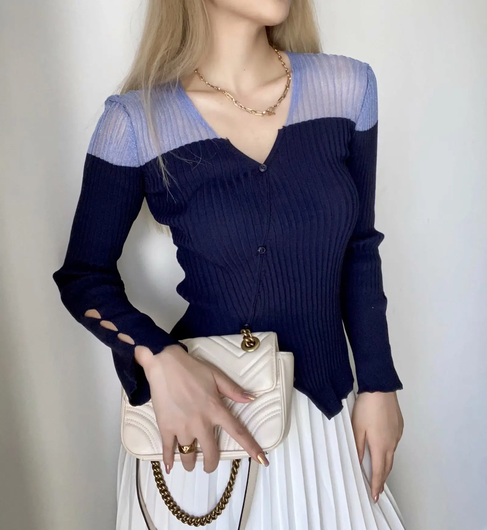 insNet Red European and American Autumn Women's All-match Irregular Color Matching Sweater Cardigan Top853-6748 | Женская одежда