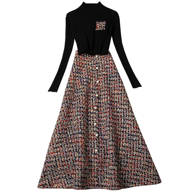 

Women winter two piece set black knitted pullovers + a-line long tweed skirts pearls single breasted plaid skirt suit 2019