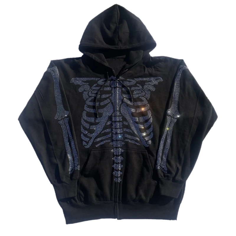 E-girl-chaqueta con esqueleto de diamantes gótico para mujer, abrigo con cremallera con capucha, Sudadera negra y marrón, ropa de calle Punk Vintage Harajuku para otoño