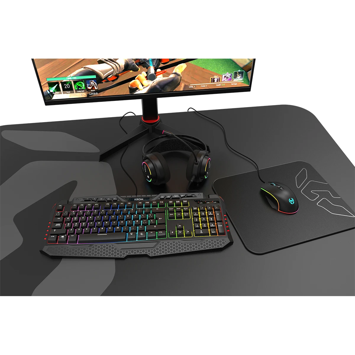 

Membrane gaming keyboard, en-pattern device, N-19 anti-ghosting, WASD function, rainbow RGB with 9 effects, USB