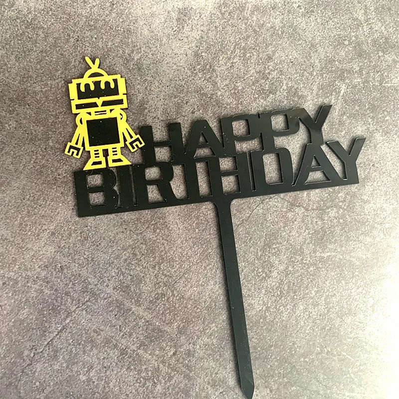 

Cake Decoration Acrylic Black Gold Machinery Robot Acrylic Happy Birthday Cake Toppers Decorative Topper for Boy`s Birthday