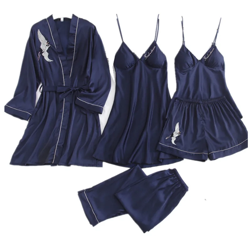 

2020 Women Pajamas Sexy Summer Five-Piece Sling Shorts Silk Crane Thin Home Trousers Gathered Bathrobe