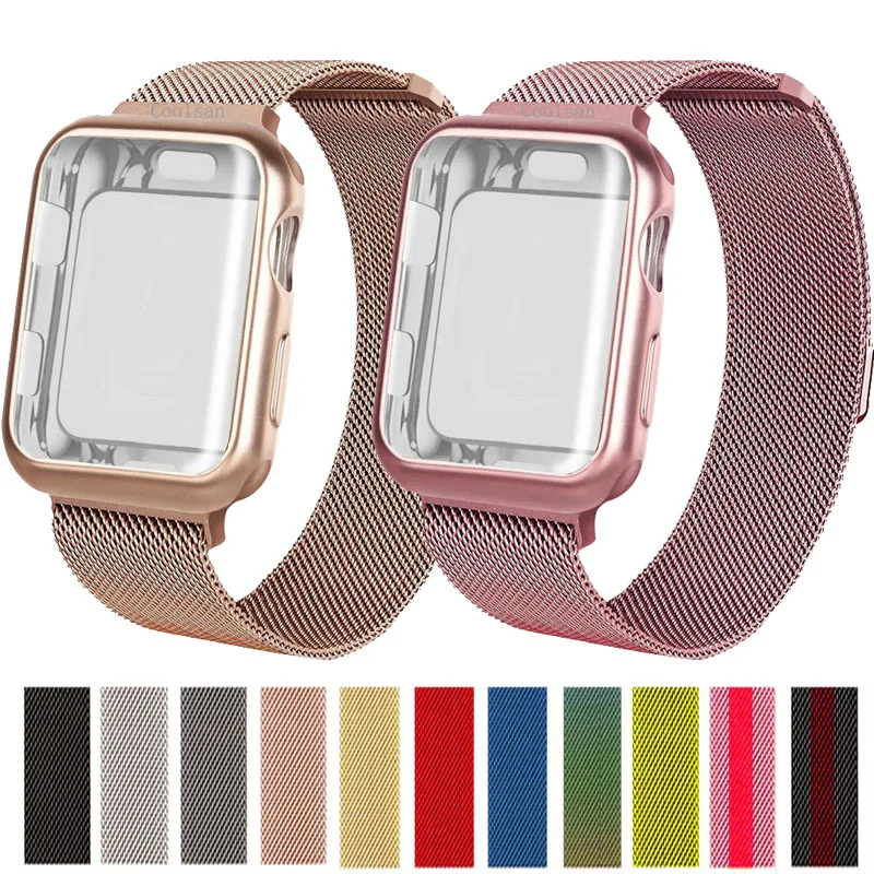 Миланская петля, ремешок из нержавеющей стали+ чехол для Apple Watch, 40 мм, 44 мм, 38 мм, 42 мм, защита экрана, спортивный браслет для iWatch
