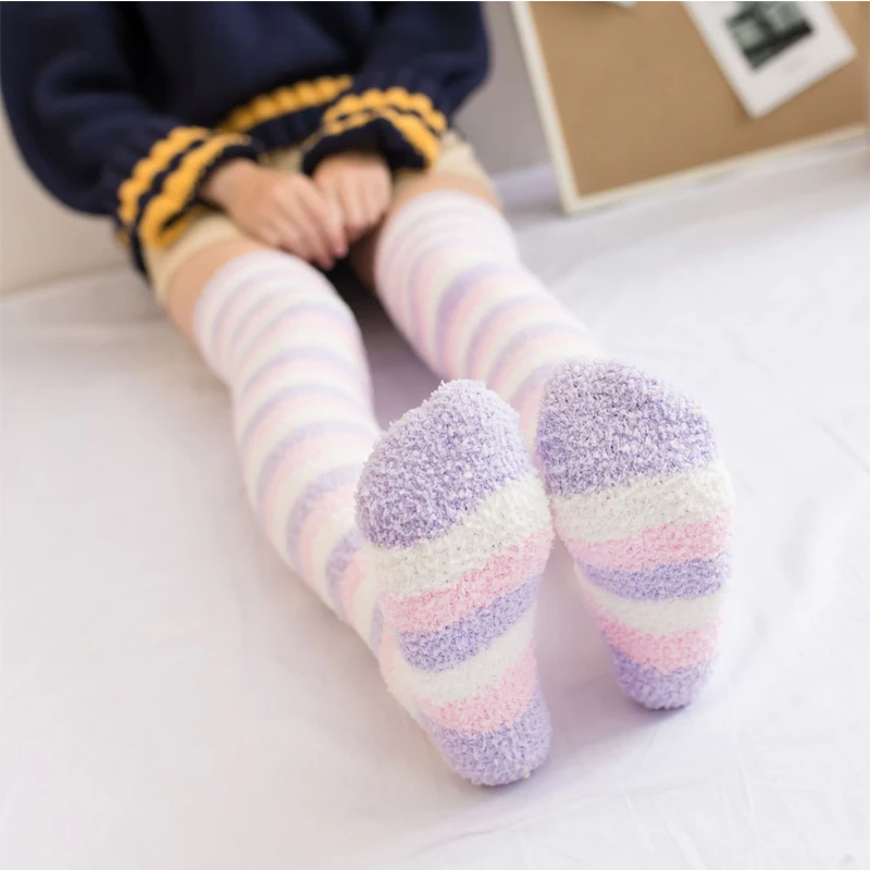 

Hirigin Autumn Winter Women Girl Cartoon Thicken Soft Coral Fleece Stripes Warm Through Knee Stockings Sleeping Wear