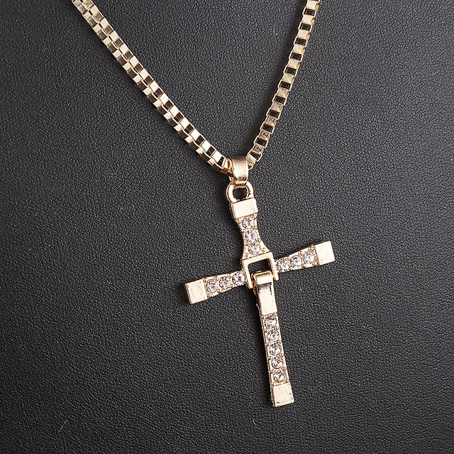Fast and Furious Movies Actor Dominic Toretto Rhinestone Cross Crystal Pendant Chain Necklace Men Jewelry 3