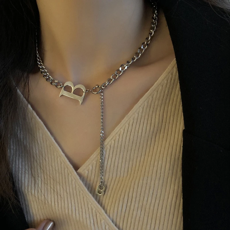 

Korean Fashion New Goth Stainless Steel Necklace For Women Hip Hop Cuban Link Chain B Letter Necklace Choker Pendant Jewelry