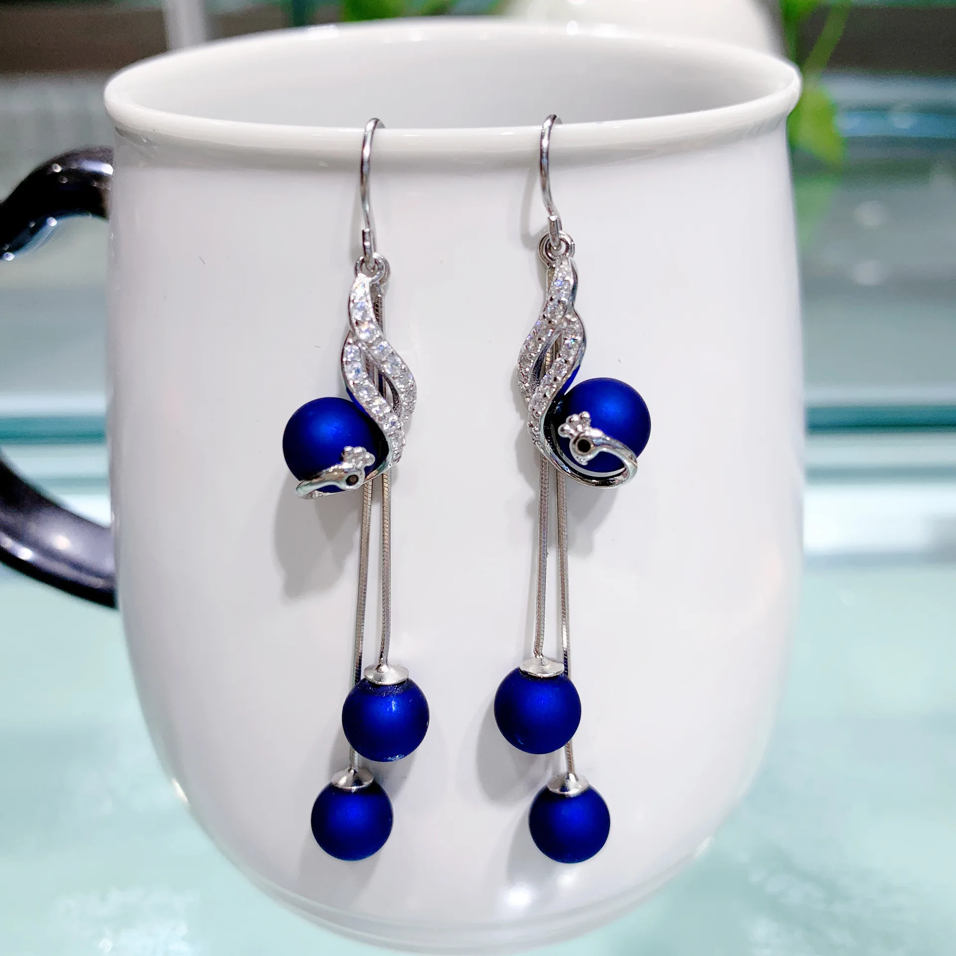 

Viwisfy Real 925 Sterling Silver Drop Earrings For Girl Blue Beads Crystal Vintage Bird Long Dangle Earrings Women VW21311