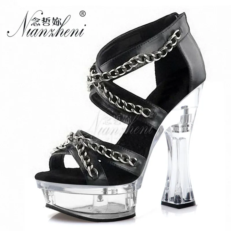 

Thick platform Hollow Metal Chain Roman Women's Sandals 14cm Super High heeled shoes 6 inches Spool heels Novelty Cross dressing