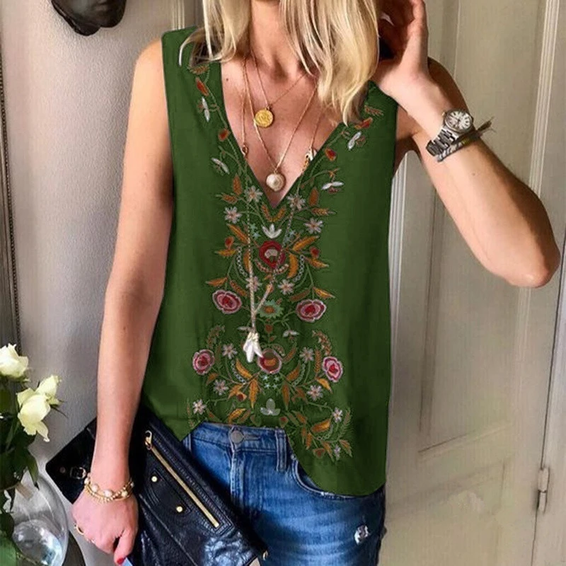

2021 Summer Women Clothes Casual V Neck Sleeveless Vest Chiffon Shirt Vintage Print Plus Size Blouses Pullover Tank Top Camisole