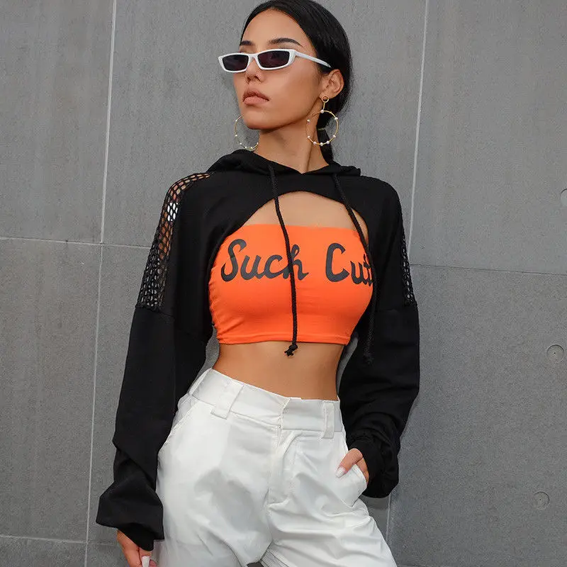 Женский сетчатый укороченный свитер с капюшоном вечерние Клубные свитеры