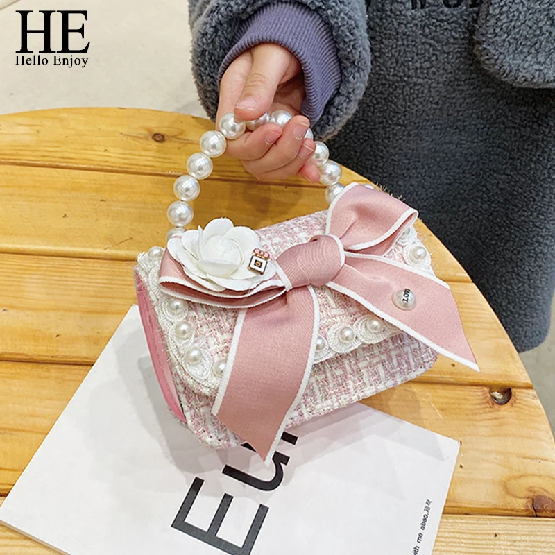 

Детская сумка HE Hello Enjoy, новинка 2021, маленькая сумочка с бантом и жемчугом, сумка-мессенджер в западном стиле с цепочкой принцессы