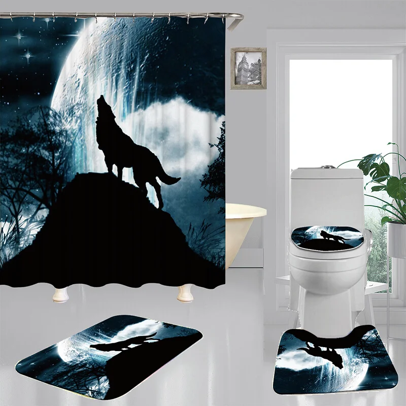

Ночник Moon Wolf, фланелевый нескользящий коврик для ванной, чехол для унитаза, коврики, занавеска для душа с 12 крючками, набор для декора ванной ...