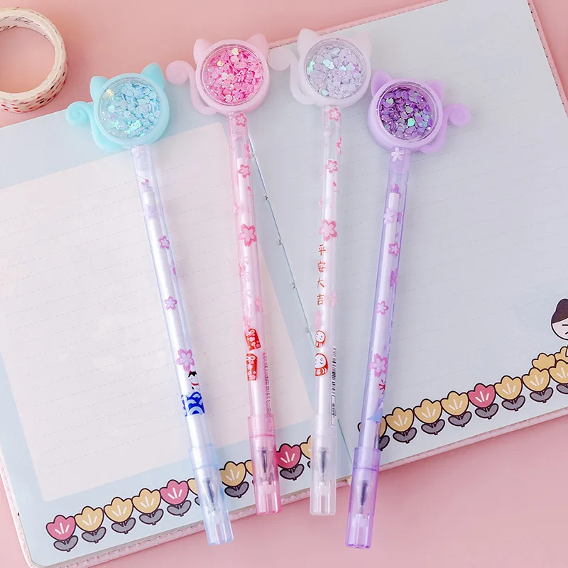 Transparent Cat Sequins Gel Pen 0.5mm Pens Stationery Student Cute Signature School Office Supplies Writing Tools | Канцтовары для