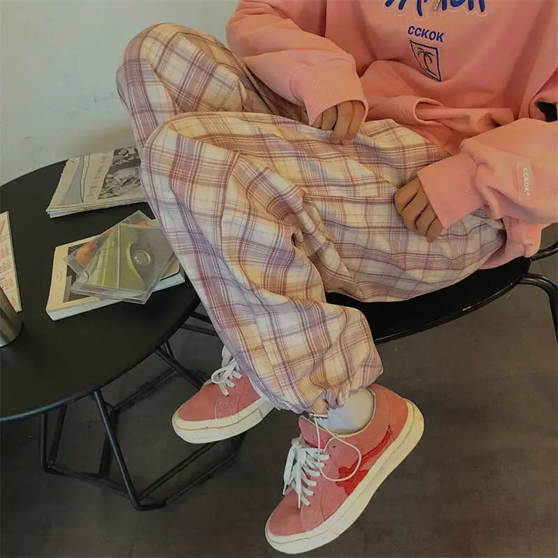 

Plaid Pants Women Autumn Fashion 2020 Pink High Waist Pants Casual Loose All-Match Trousers Plus Hip Hop Harem Pants Women's
