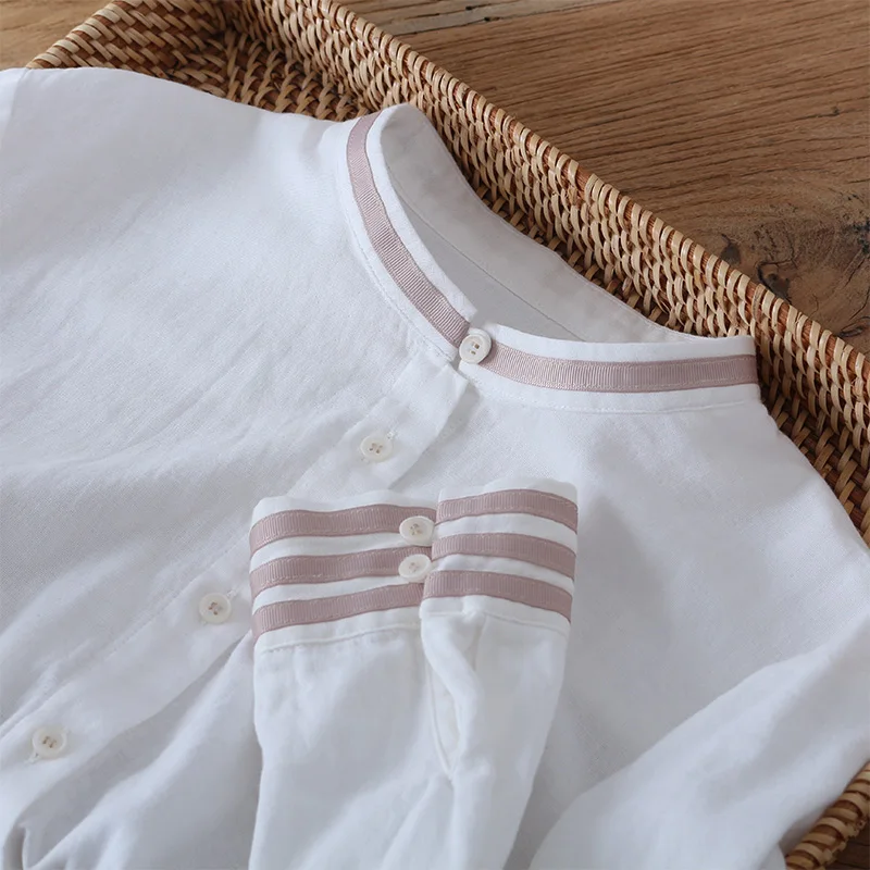

New Spring Women Blouse Japan Style Mori Girl Cotton Stand Collar Long Sleeve Solid Color Loose Casual White Shirt Women