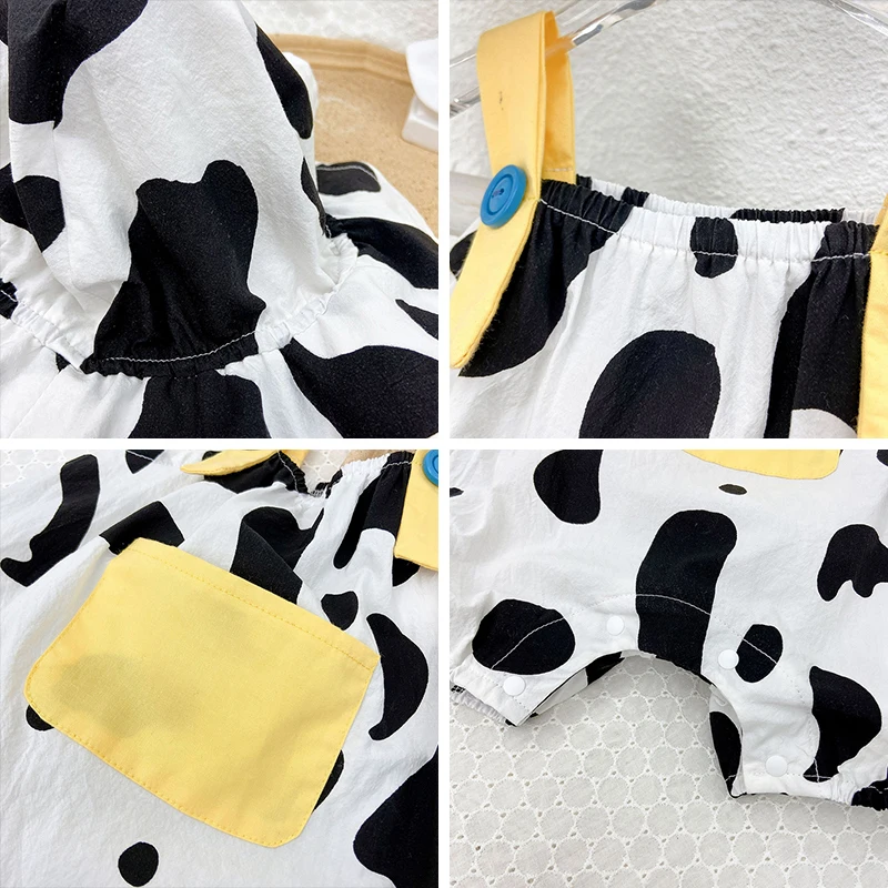

Baby Boys Girls Rompers Summer Unisex Newborn Cartoon Print Cows Jumpsuits With Hat Infant Kids Cute Suspender Clothes 0-3Y