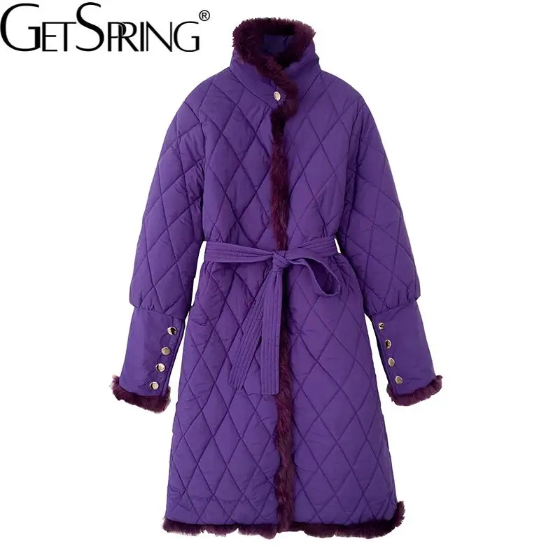 

Getspring Women Parkas Furry Patchwork Bandage Long Winter Jackets And Coats Vintage Warm Lining Long Overcoat Winter 2021 New