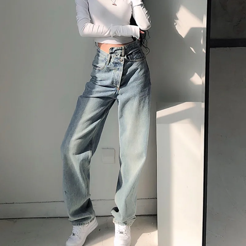 

2020 Summer Autumn New Retro Irregular Jeans Women Slim Straight Leg Women Cowboy High Waist Womens Wide Leg Pants C047