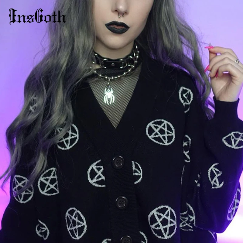 Женский вязаный кардиган InsGoth с длинными рукавами в готическом стиле | Женская