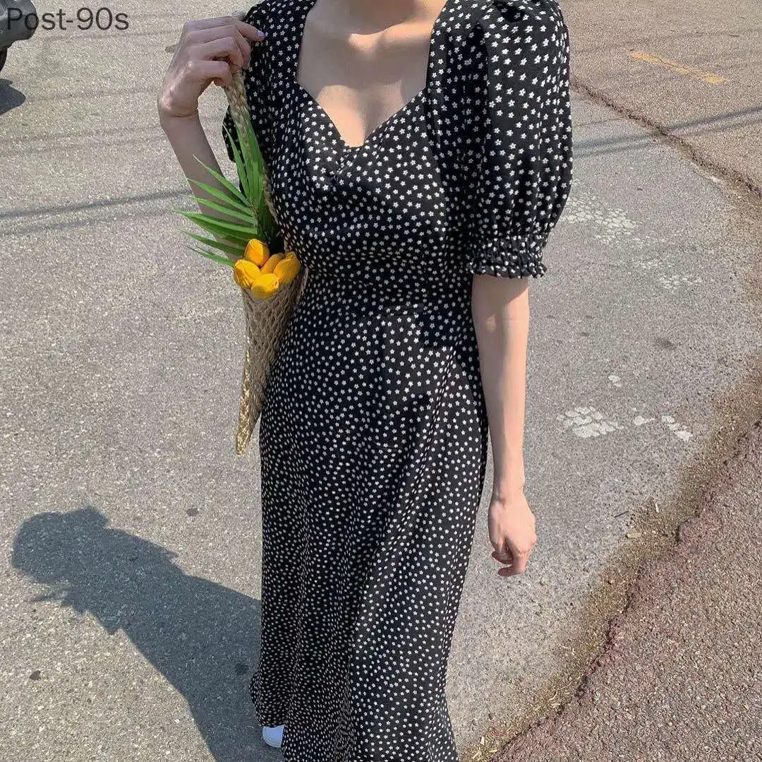 

Women Dress plus size Korean Fashion New Clothes Vintage Square Collar Lace Up Vestidos Slim Fit Print Lantern Sleeve Dresses