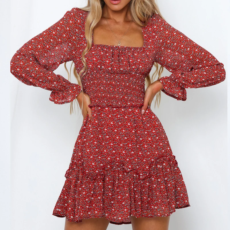 

Elastic Waist Print Dress Women Autumn Elegant Square Collar Long Sleeve A Line Ruffle Mini Sexy Party Female Dress Vestidos