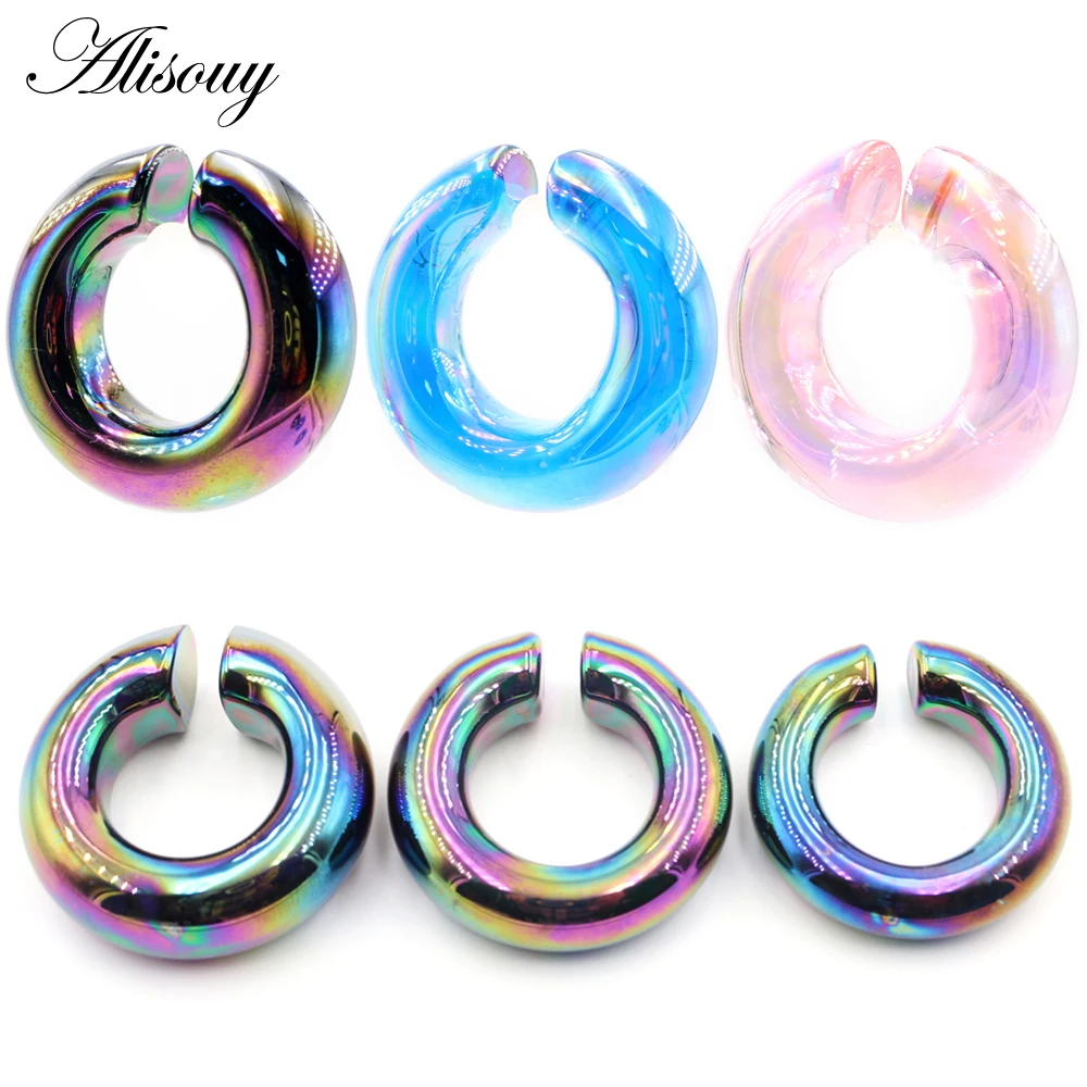 Alisouy 2pcs C Shape Circle Round Blue Pink Glass Ear Weights Expander Stretcher Plug Tunnel Gauge Earring Body Piercing Jewelry