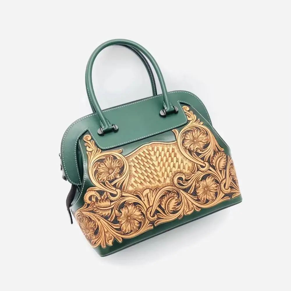 Сумка женская винтажная из натуральной коровьей кожи с гравировкой зеленого