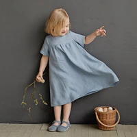 girls round neck solid color pleated cotton and linen dress 2020 summer new korean loose short sleeve childrens dress tz31