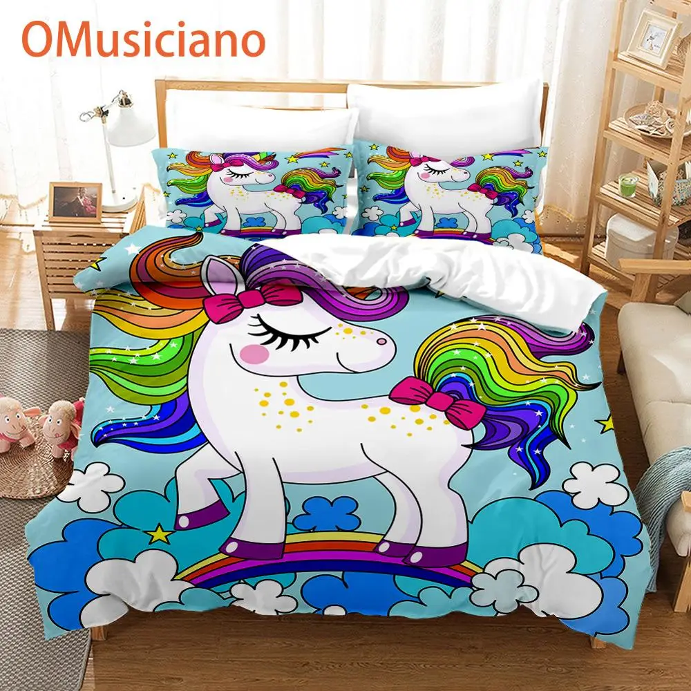Cartoon cute rainbow unicorn bedding set, Girl quilt comforter / duvet cover set full queen king, Children's cartoon unicorn 3pc images - 6