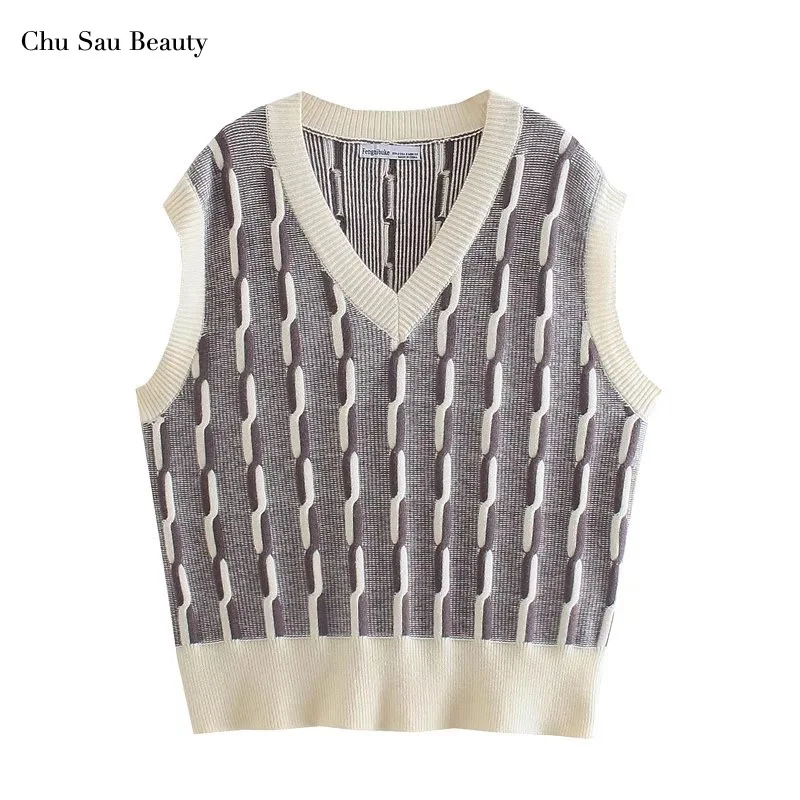 

Chu Sau Beauty Ladies Autumn And Winter Jacquard Thick Knit Vest Fashion V-Neck Loose Casual Outer Wear Vest