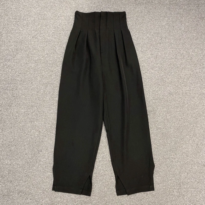 

2021 Design Women Elastic High Waist Slim Straight Pants Vertical Slit Harem Pants