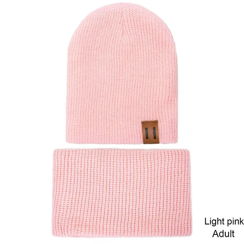 light pink Adult Модная женская шапка и шарф для детей, вязаная зимняя шапка, шарф для детей, колпачок, девочка-мальчик, одноцветные шапки с логотипом - Цвет: light pink Adult
