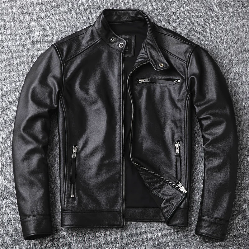 

Free shipping.super sales.classic biker genuine leather jacket.cool slim cowhide coat.men fashion leather jacket.plus size