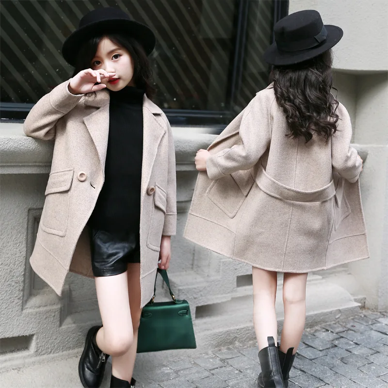 

Fashion Kids Coat Winter Girls Mid-length Woolen Coat Thicken Children Clothing Turn-down Collar Overwear Warm Girls Overcoat