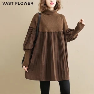 Женский плиссированный вязаный свитер-водолазка, Свободный пуловер с длинным рукавом, большие размеры, зима 2021