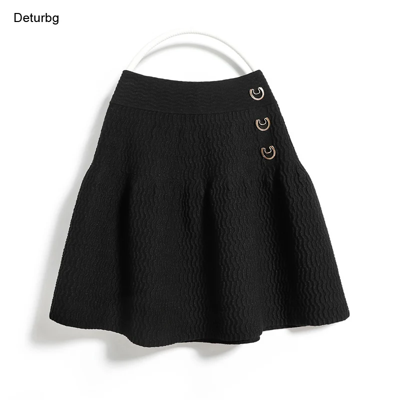 

Women's Sweet Knitted Short Ball Gown Skirt Top Quality Female High Waist Buttons Decoration Black Skirts 2021 Winter Sk977