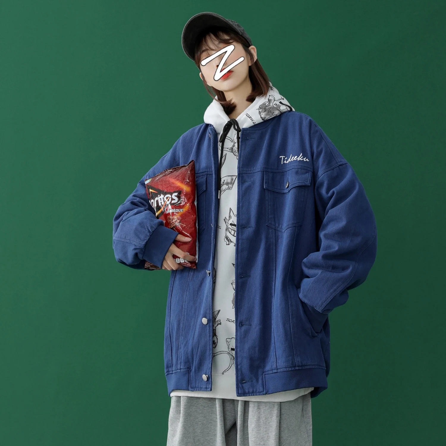 Женская джинсовая куртка оверсайз Повседневная Свободная синяя с отложным