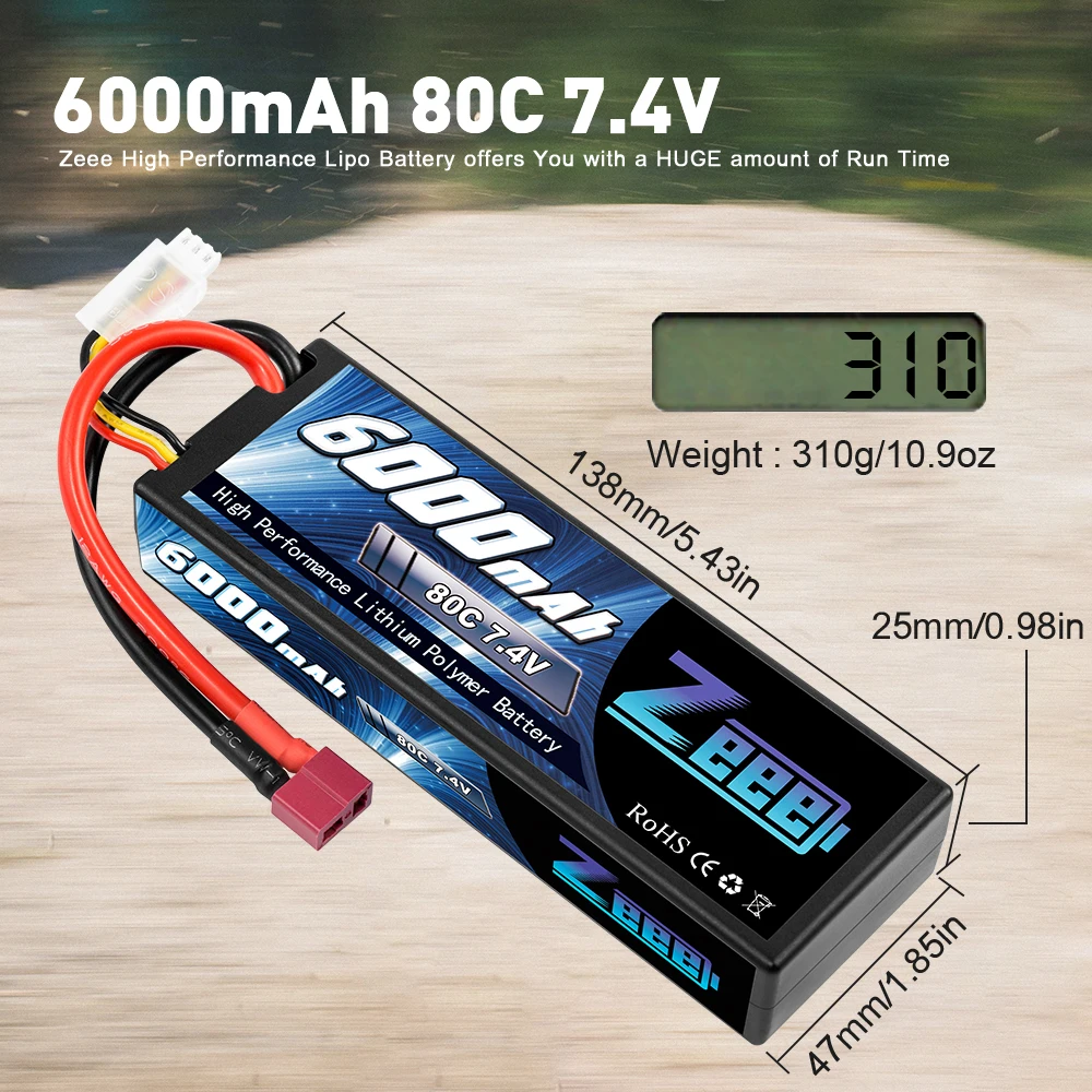 Zeee-bater&iacute;a Lipo de 6000mAh, 2S, 80C, 7,4 V con enchufe Decan, carcasa r&iacute;gida, para coche, cami&oacute;n, tanque, Slash Truggy, 2 unidades-2
