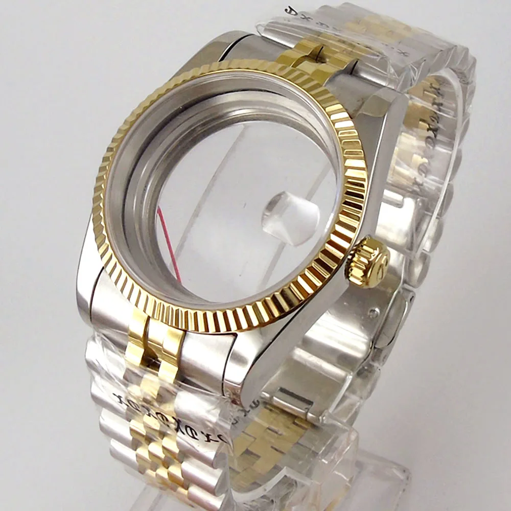 

36mm Two Tone Gold Plated Automatic Watch Case Fluted Bezel Glass Seeing Back fit MIYOTA 8215 821A 8205 MINGZHU 2813 ETA 2836
