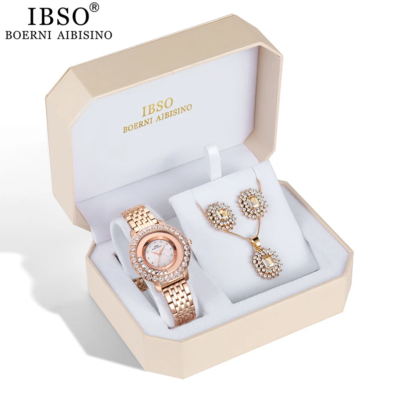 

IBSO новый комплект женских часов, розовое золото, часы, серьги, ожерелье, набор ювелирных изделий, горячая Распродажа, подарок на день матери, ...