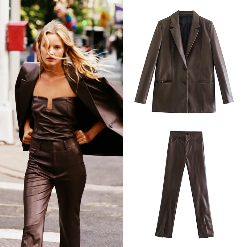 

Unizera 2021 Za women's autumn new loose and thin French imitation leather suit coat + slit leg imitation leather pants